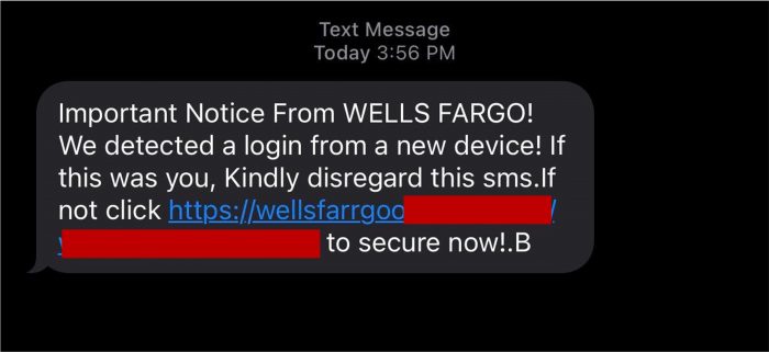Sample fake bank text – Wells Fargo